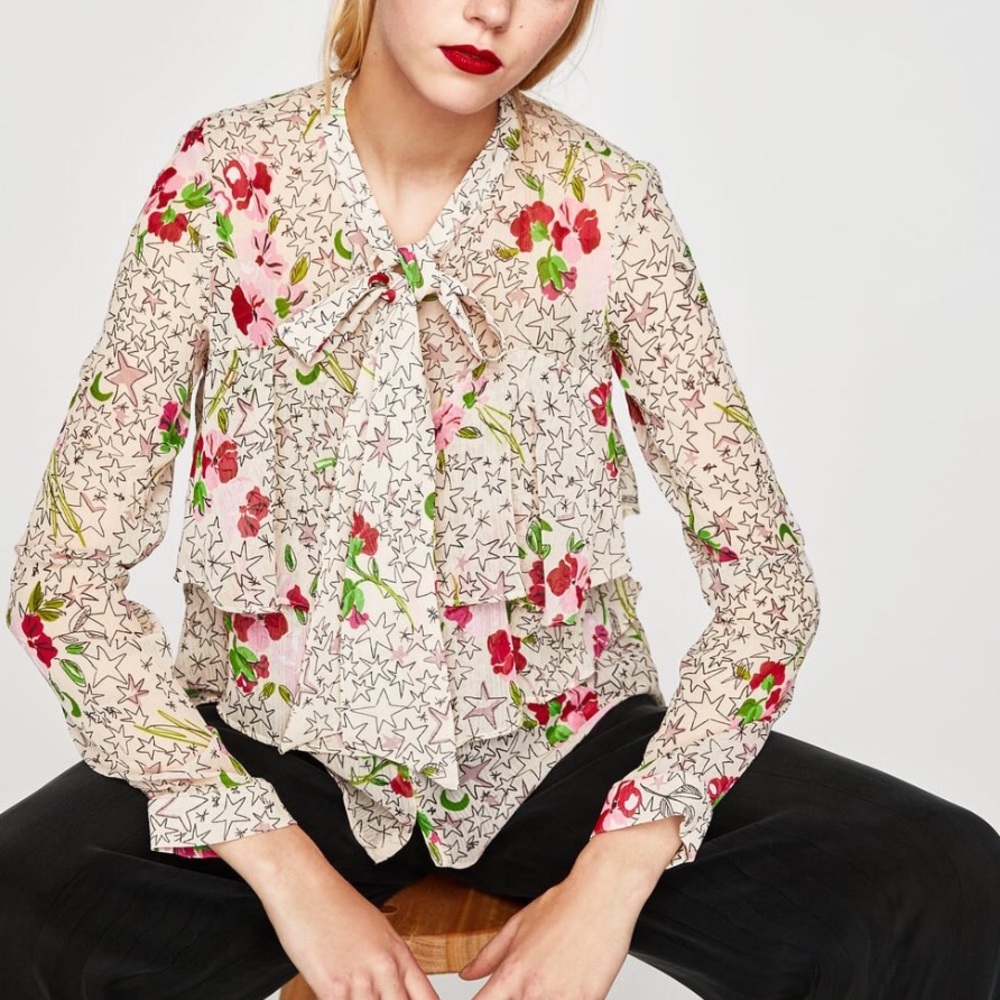 Star flower print button down tie bow sheer top M